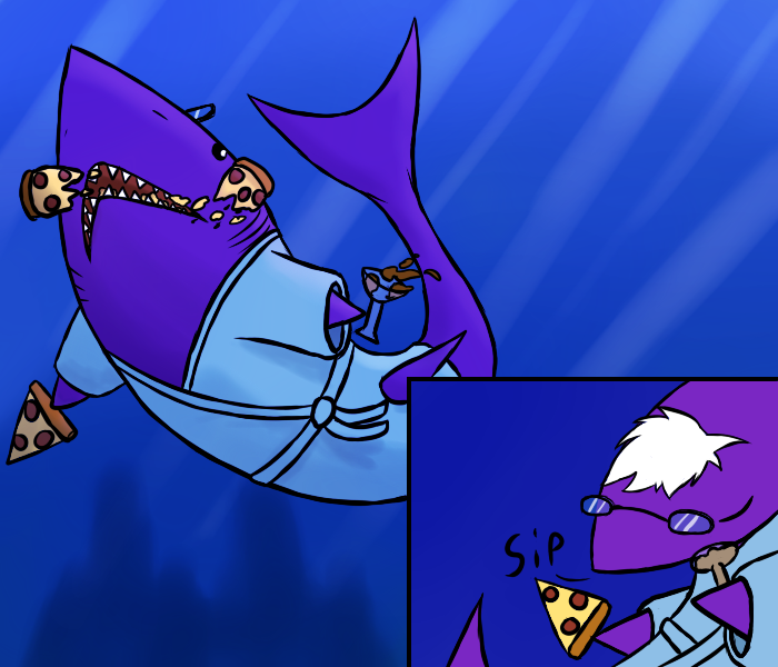 Gerrark as a shark with pizza and juice