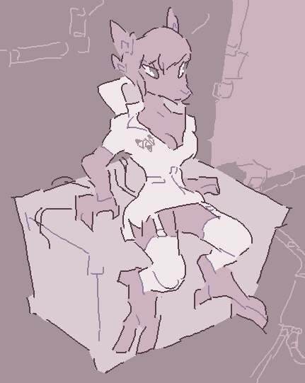 Rei sitting on a crate